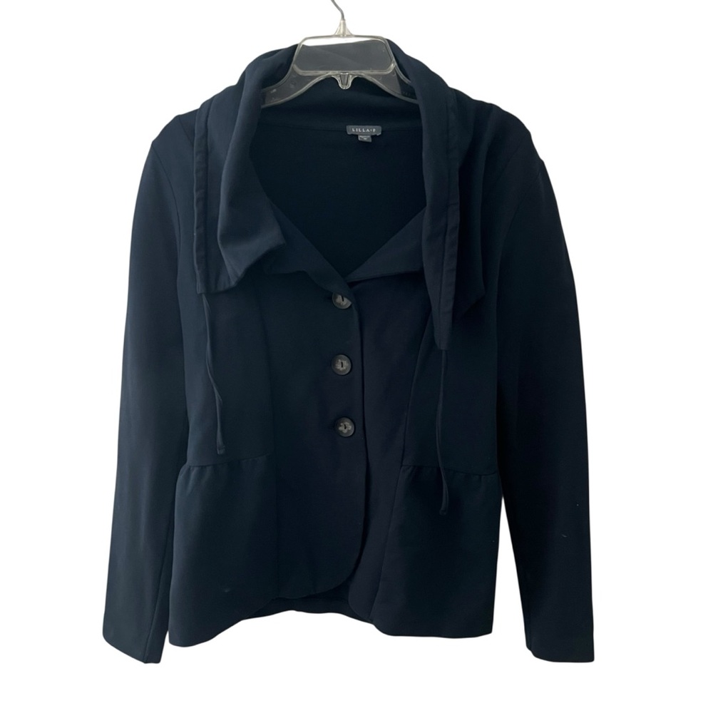 NWOT Lilla P Cowl Neck Sweatshirt Jacket Ruffle Medium Navy Blue Minimalist